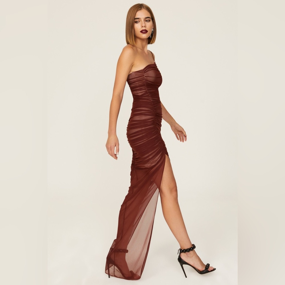 Nookie Sz Medium Brown Mecca Ruched Mesh One Shoulder Slit Sleeveless Gown sexy - Picture 2 of 7